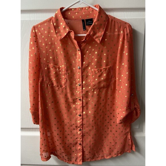 New Directions Button Roll Tab Sleeve Blouse Womens Med Orange Gold Dot Pockets - Picture 1 of 6